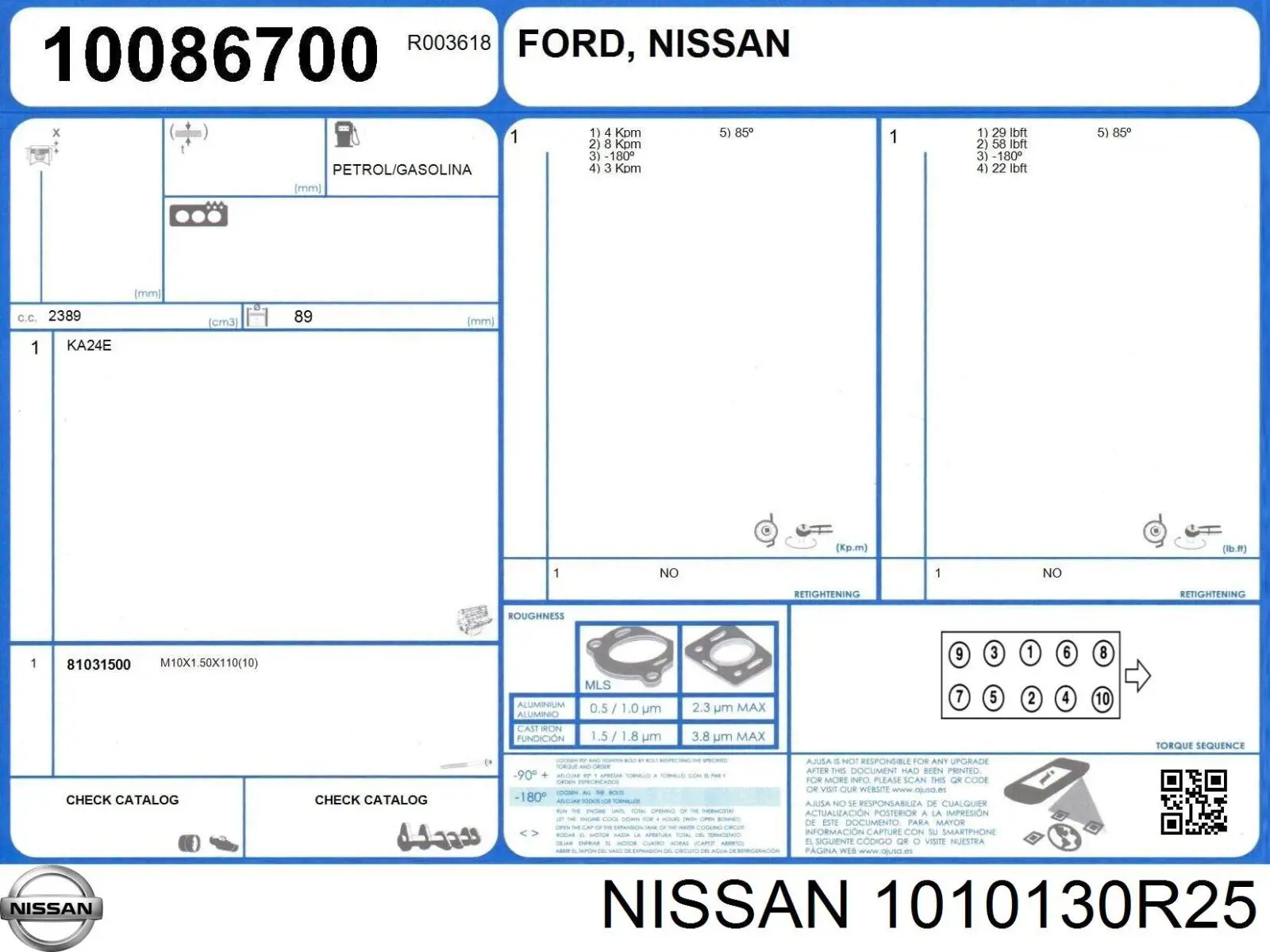 1010130R25 Nissan juego de juntas de motor, completo