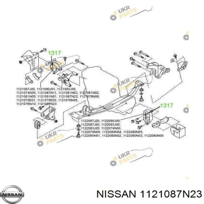 1121087N23 Nissan soporte de motor derecho