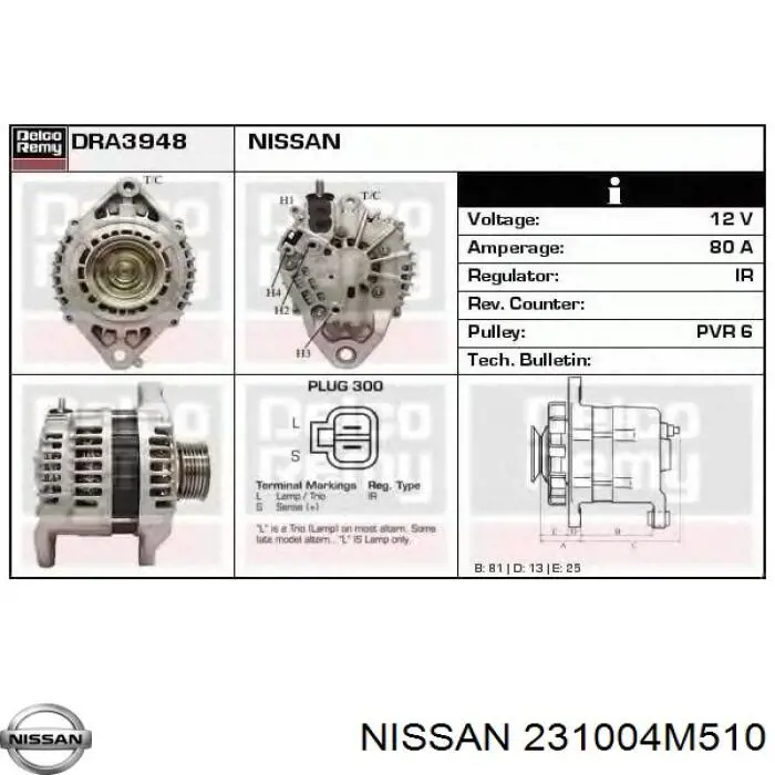 Alternador del motor Nissan/Infiniti 231004M510 precio, desde 147,15 EUR