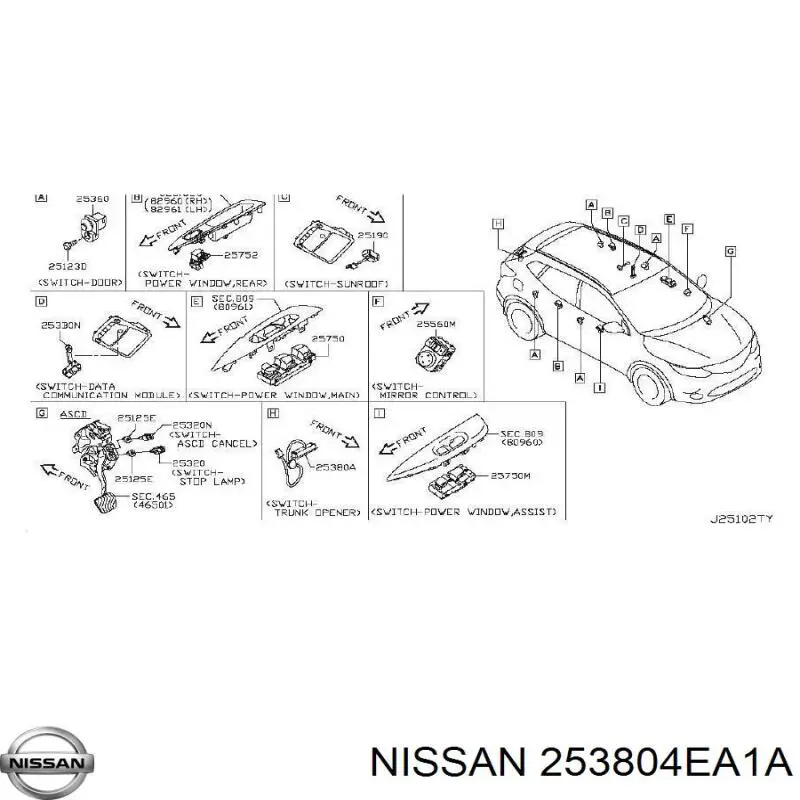 Comprar 253804EA1A Nissan/Infiniti Botón de accionamiento del cierre de la tapa del maletero (puerta trasera 3/5)