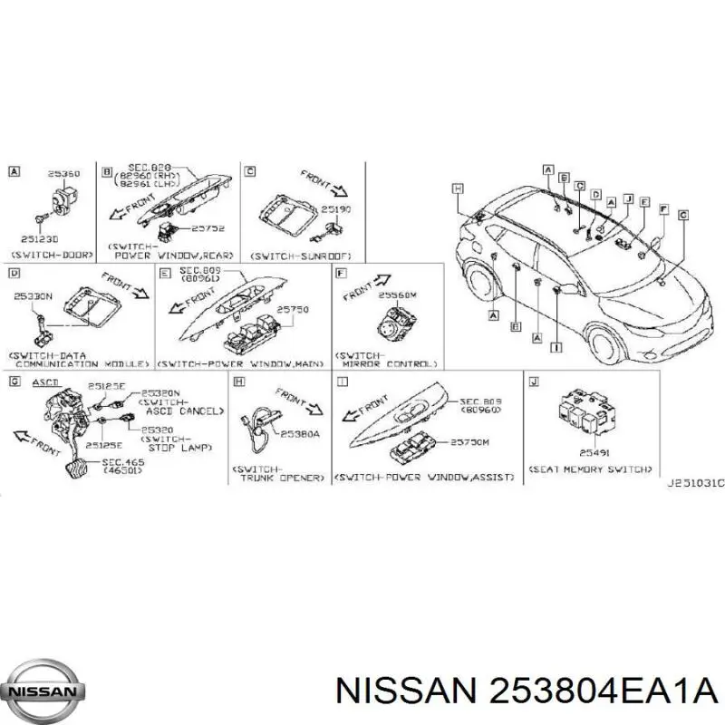 253804EA1A Nissan boton de accion de bloqueo de la tapa maletero (3/5 puertas traseras)