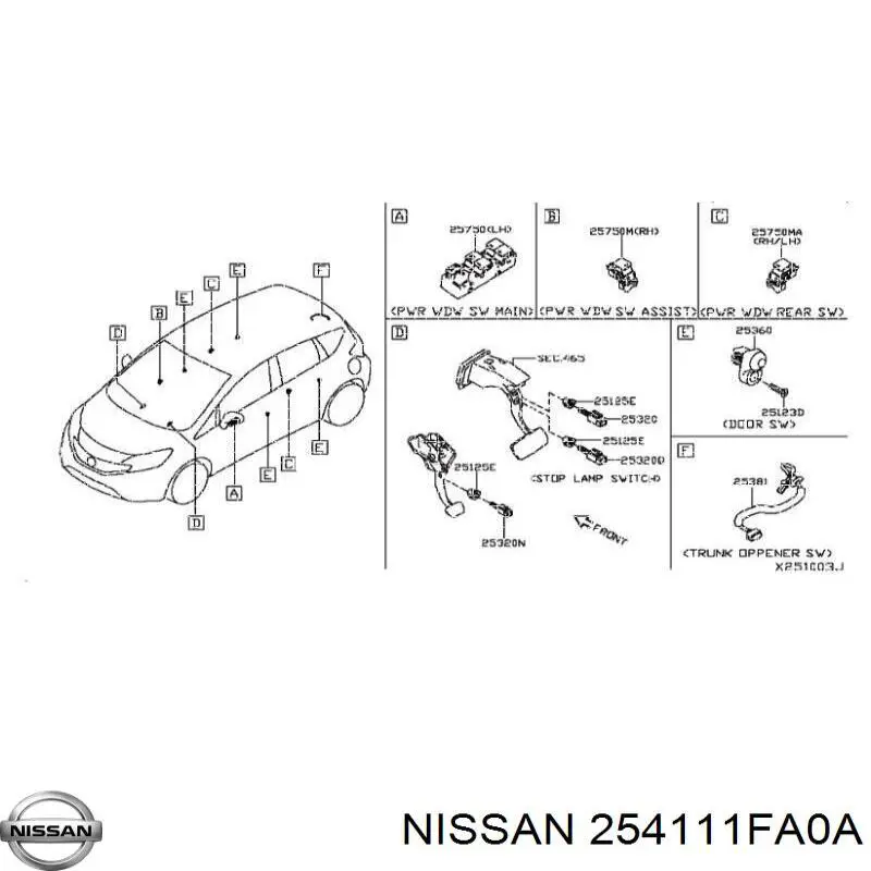 254111VX0A Nissan botón de elevalunas delantero derecho