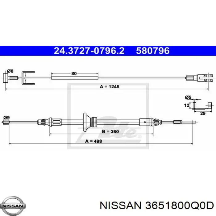 Cable intermedio de freno de mano 3651800Q0D Nissan/Infiniti
