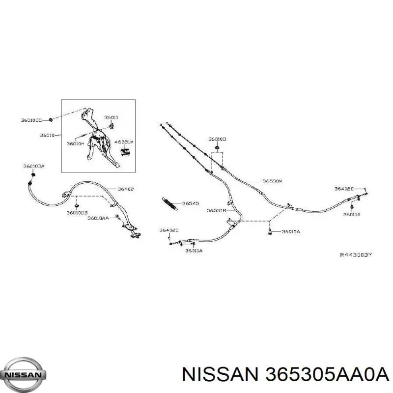 365305AA0A Nissan cable de freno de mano trasero derecho