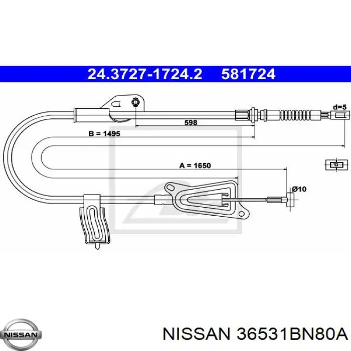 36531BN80A Nissan cable de freno de mano trasero izquierdo