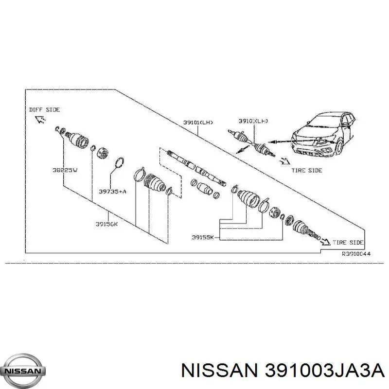 391003JA3A Nissan árbol de transmisión delantero derecho