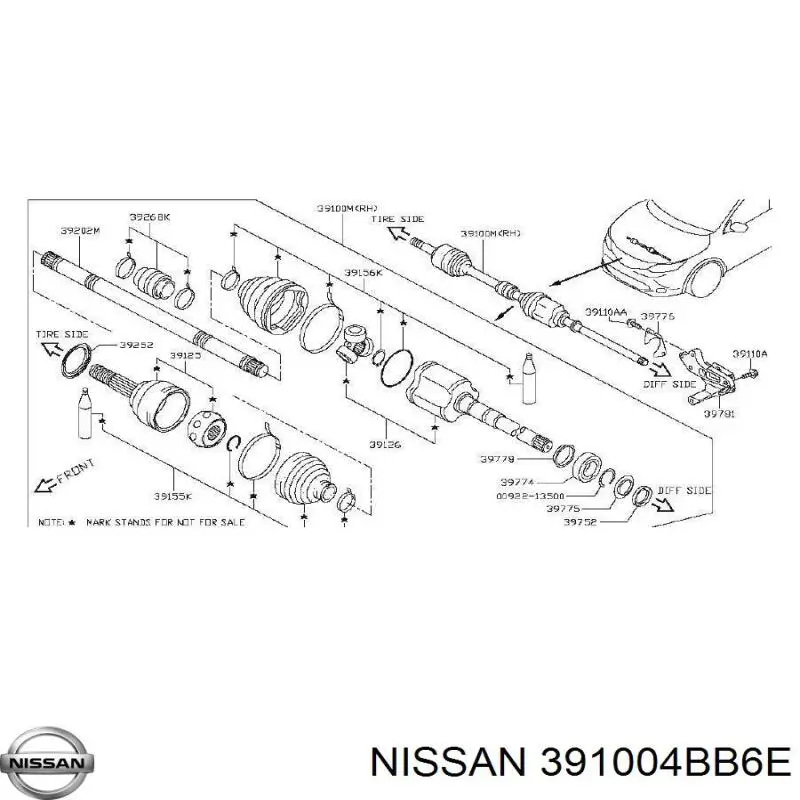 391004BB6E Nissan árbol de transmisión delantero derecho