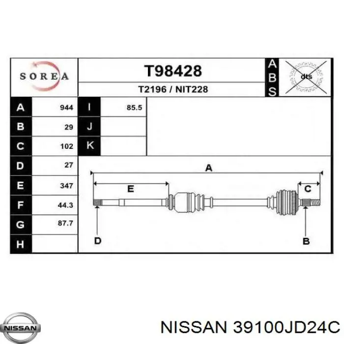 39100JD24C Nissan árbol de transmisión delantero derecho