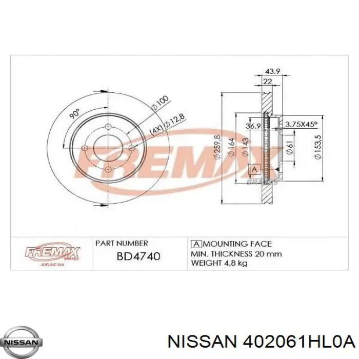 402061HL0A Nissan freno de disco delantero