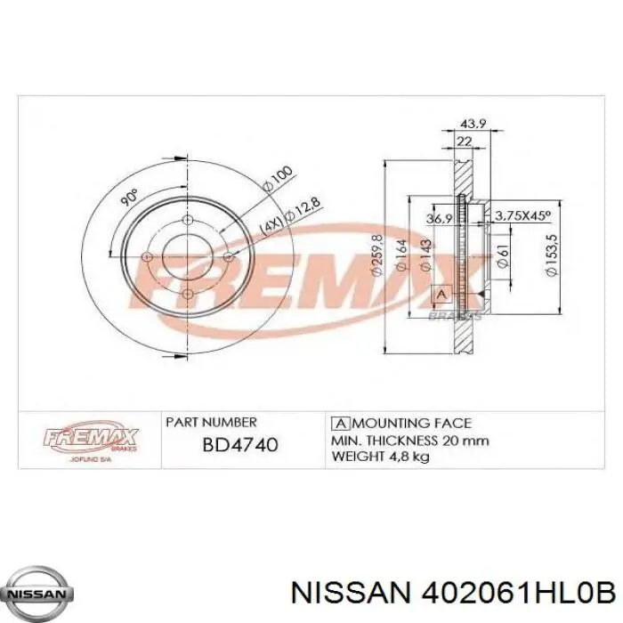 402061HL0B Nissan freno de disco delantero