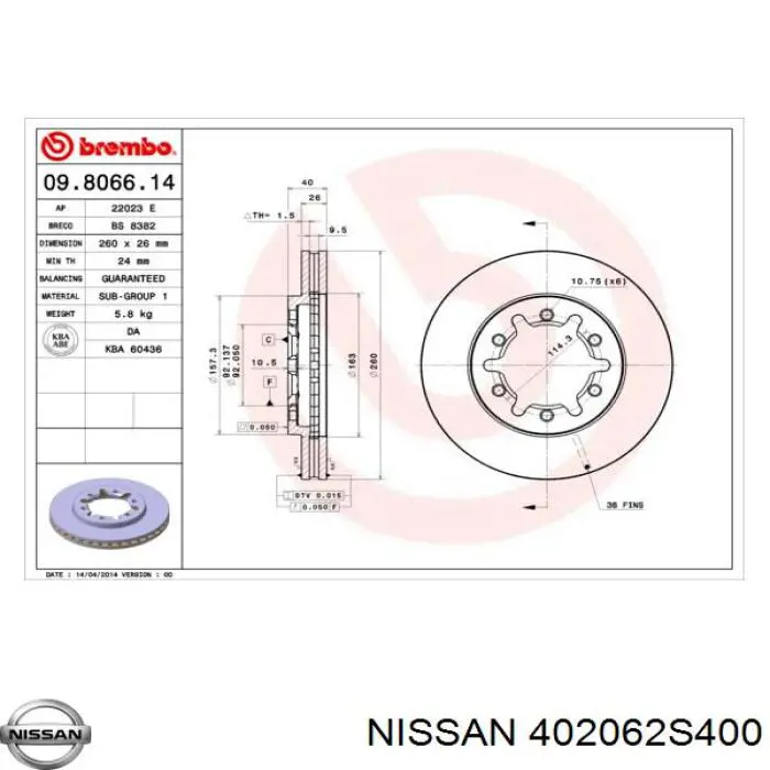 402062S400 Nissan freno de disco delantero