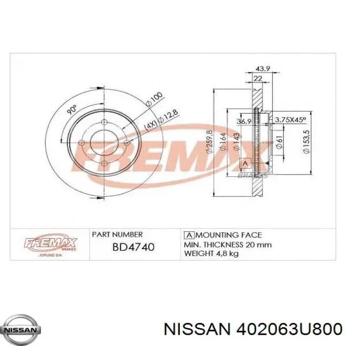 Comprar 402063U800 Nissan/Infiniti Freno de disco delantero