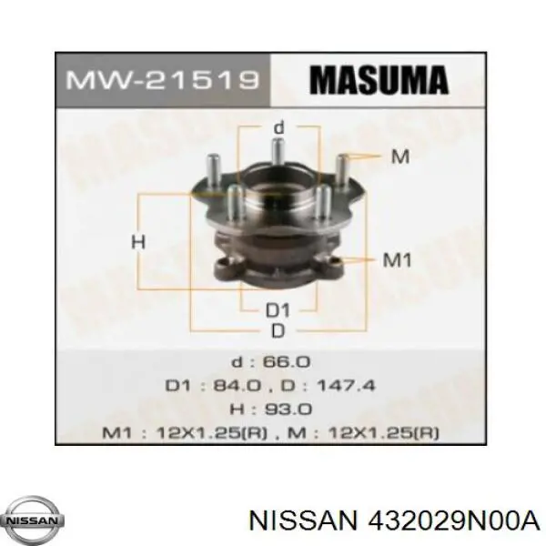 432029N00A Nissan cubo de rueda trasero