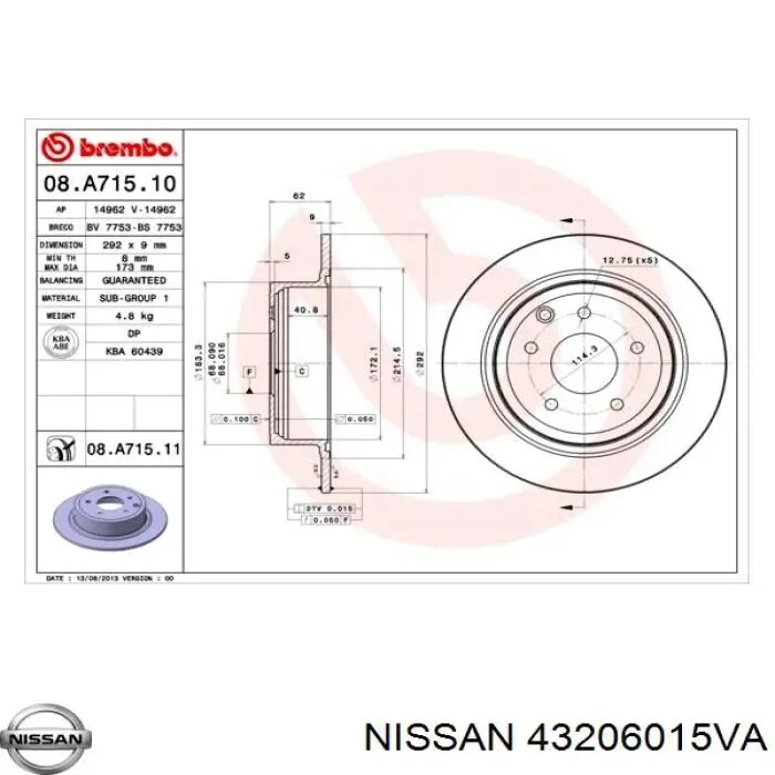 43206015VA Nissan disco de freno trasero