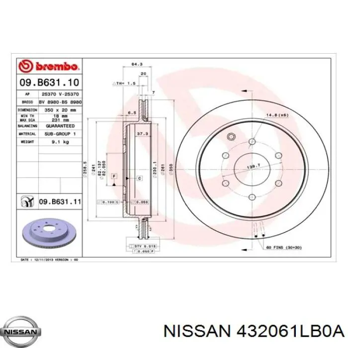 432061LB0A Nissan/Infiniti Freno de disco trasero