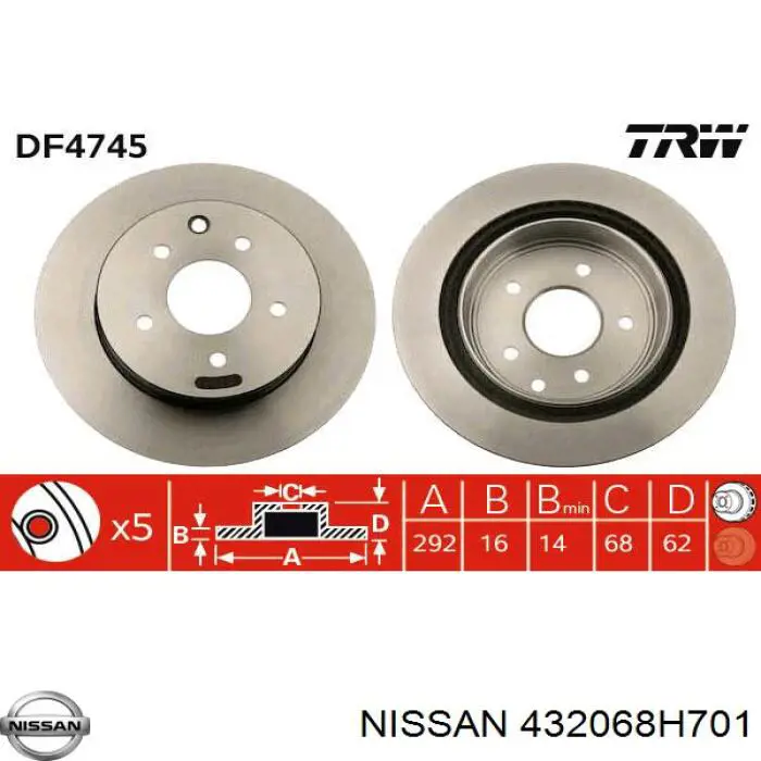 432068H701 Nissan disco de freno trasero