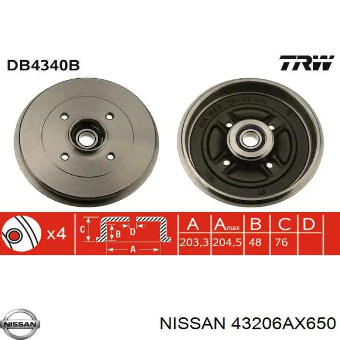 Tambor de freno trasero 43206AX650 Nissan/Infiniti