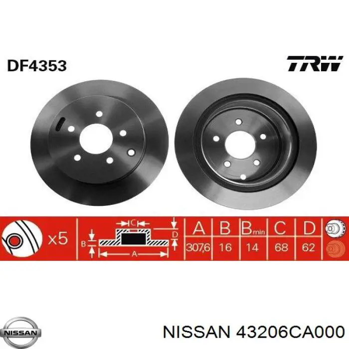 43206CA000 Nissan disco de freno trasero