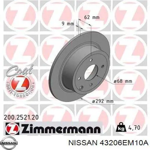 43206EM10A Nissan disco de freno trasero