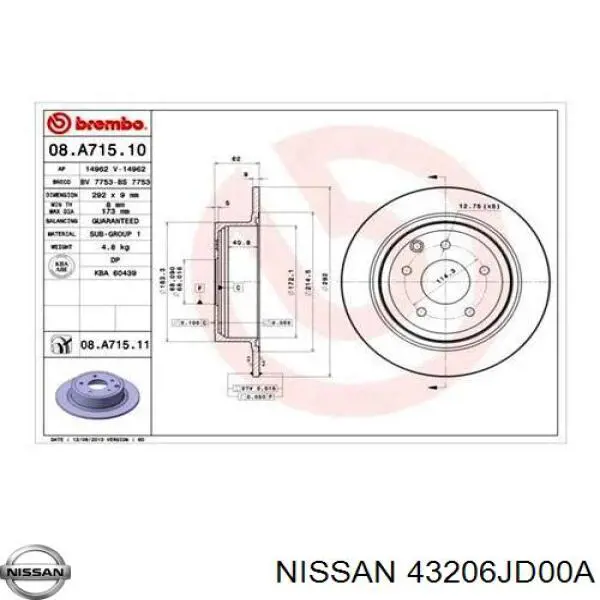 Comprar 43206JD00A Nissan/Infiniti Disco de freno trasero