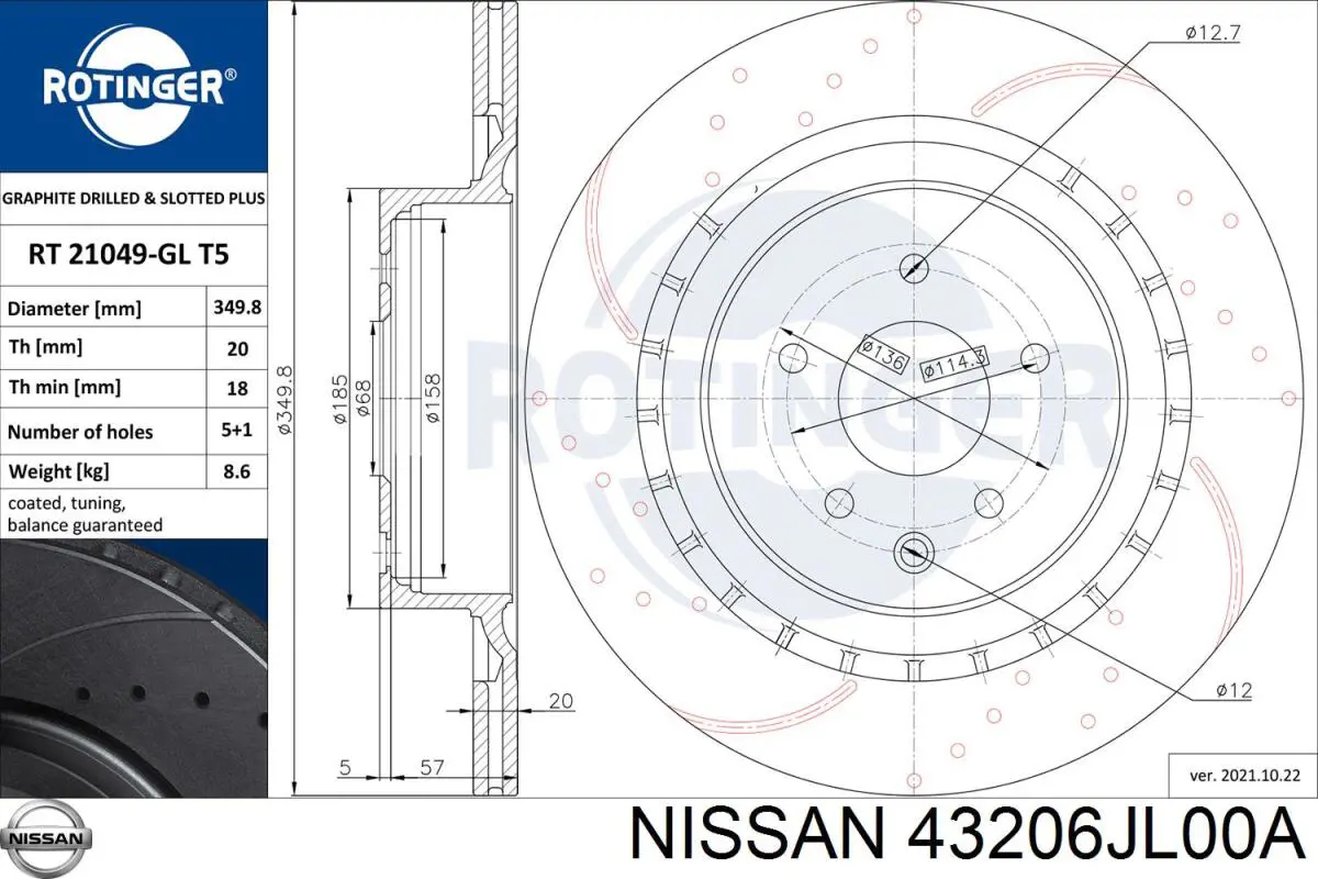 43206JL00A Nissan/Infiniti Freno de disco trasero