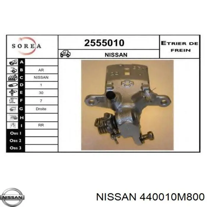 440010M800 Nissan pinza de freno trasero derecho