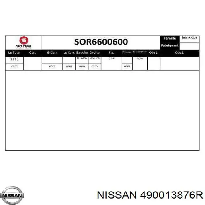 490013876R Nissan/Infiniti Cremallera caja de direccion