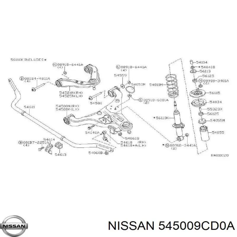 545009CD0A Nissan barra oscilante, suspensión de ruedas delantera, inferior derecha