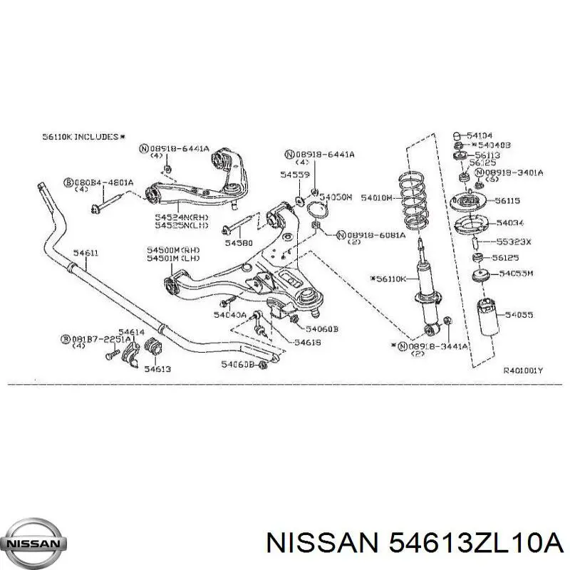 Soporte estabilizador, Eje delantero Nissan/Infiniti 54613ZL10A
