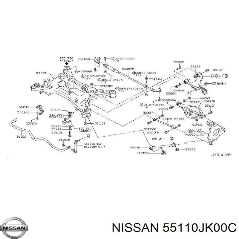 55110JK00C Nissan palanca de soporte suspension trasera longitudinal inferior izquierda/derecha