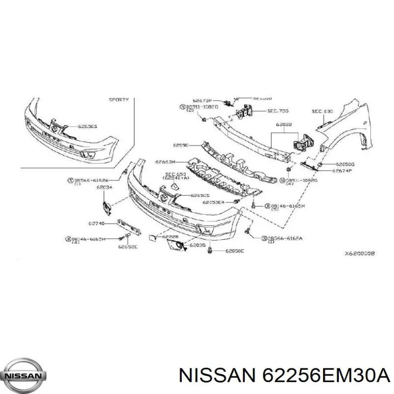 62256EM30A Nissan rejilla de antinieblas delantera derecha