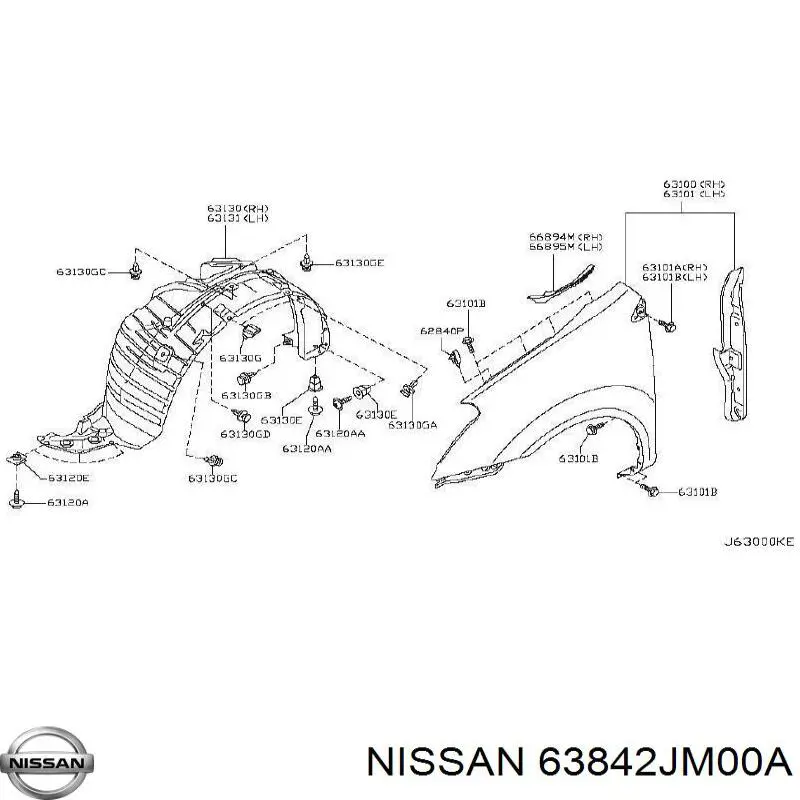 63842JM00A Nissan guardabarros interior, aleta delantera, derecho