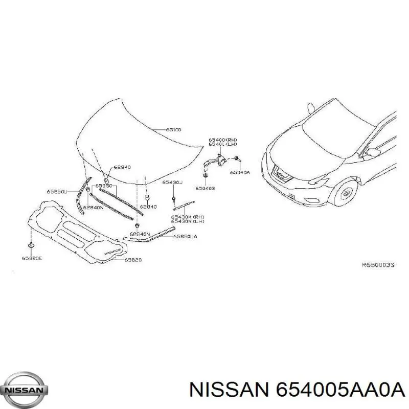 654005AA0A Nissan bisagra, capó del motor derecha