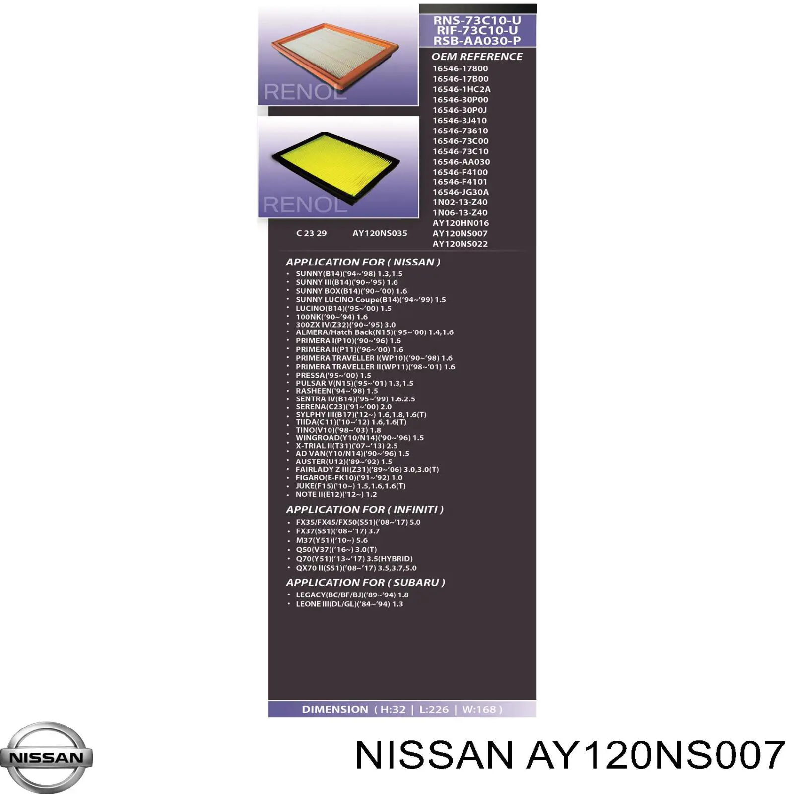 AY120NS007 Nissan filtro de aire