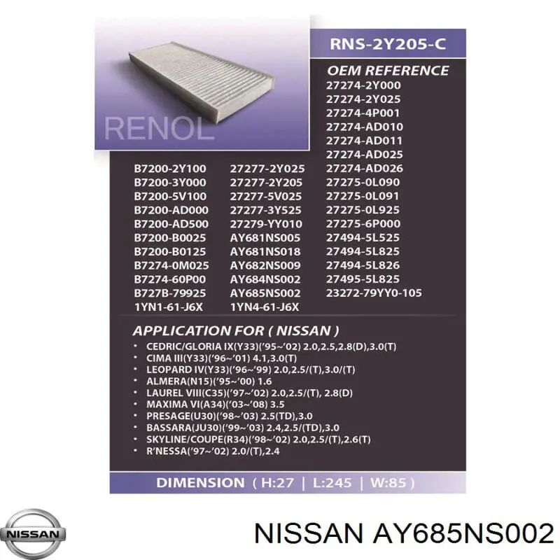 AY685NS002 Nissan filtro de habitáculo