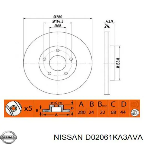 D02061KA3AVA Nissan freno de disco delantero