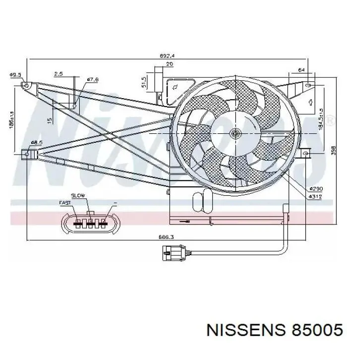 85005 Nissens difusor de radiador, ventilador de refrigeración, condensador del aire acondicionado, completo con motor y rodete