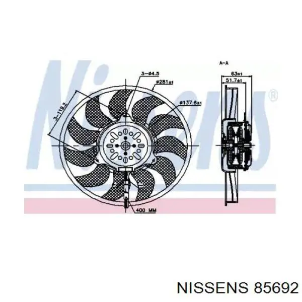 85692 Nissens ventilador (rodete +motor refrigeración del motor con electromotor derecho)