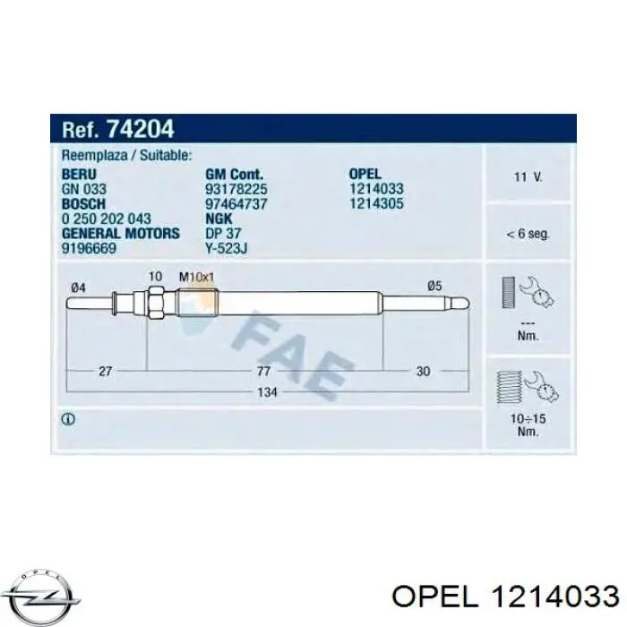 Bujía de precalentamiento 1214033 Opel