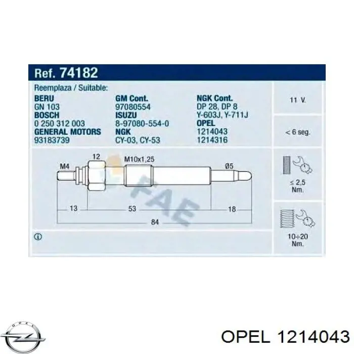 Bujías incandescentes Opel 1214043 precio, desde 9,27 EUR