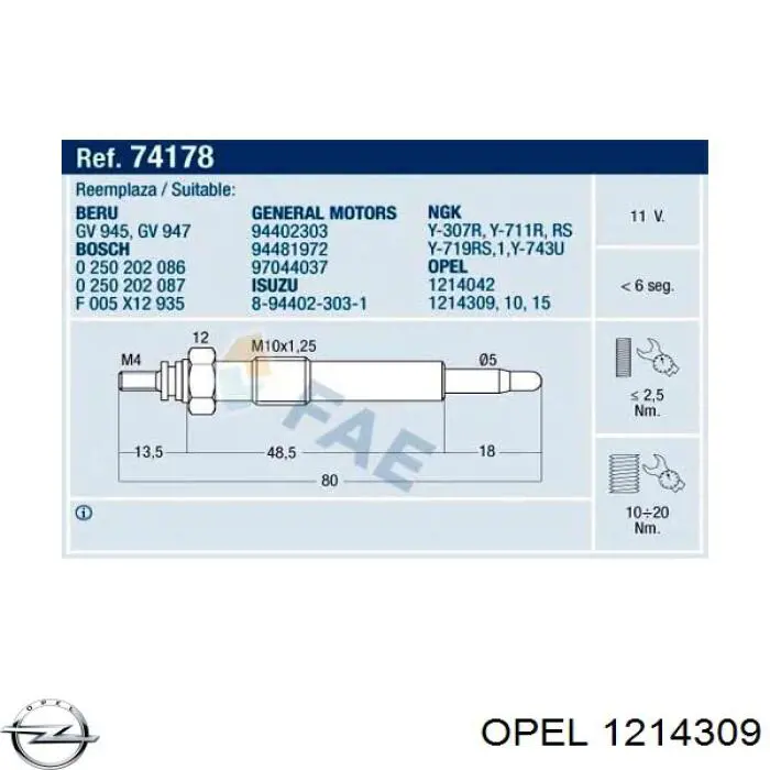 Bujías incandescentes Opel 1214309 precio, desde 9,47 EUR