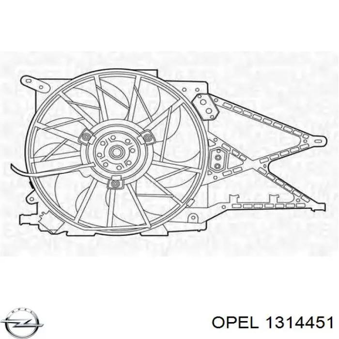 1314451 Opel difusor de radiador, ventilador de refrigeración, condensador del aire acondicionado, completo con motor y rodete