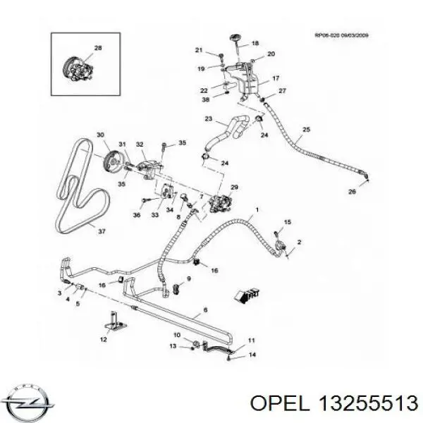 13255513 Opel manguera hidráulica, dirección, de mecanismo dirección a depósito