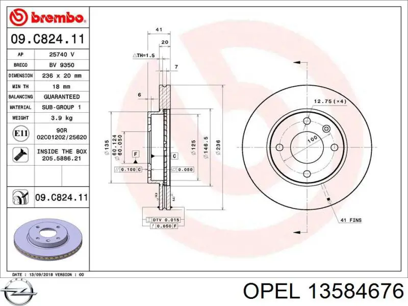 13584676 Opel freno de disco delantero