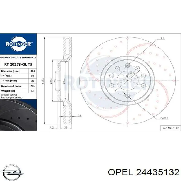 Disco de freno 24435132 Opel