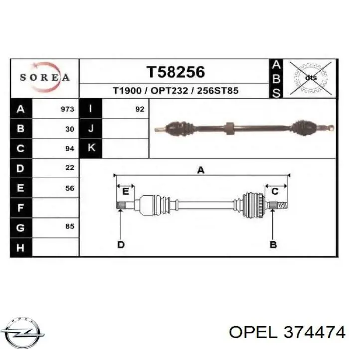 374474 Opel árbol de transmisión delantero derecho