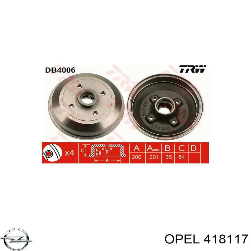 Tambor de freno trasero 418117 Opel