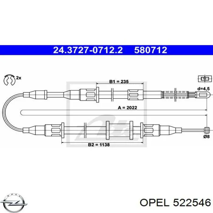 522546 Opel cable de freno de mano trasero derecho