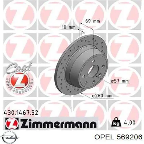 Disco de freno trasero 569206 Opel