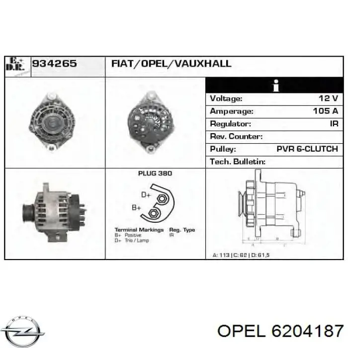 6204187 Opel alternador